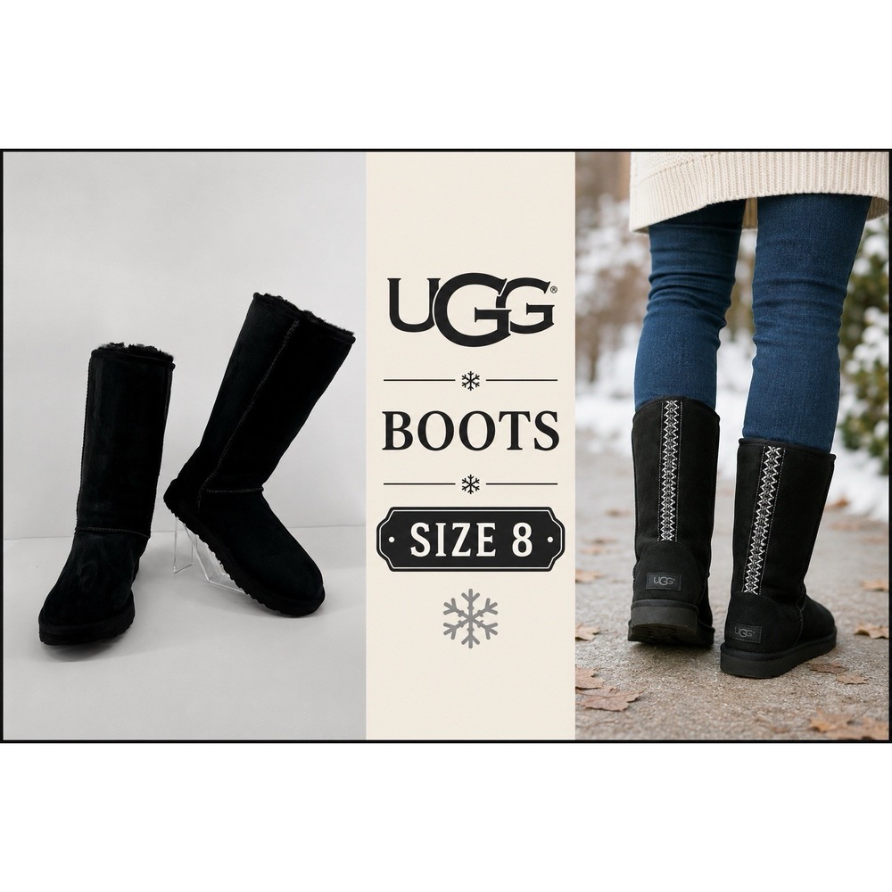 UGG Classic Tall Braid Black Sheepskin Boots Cozy Shearling Lined Winter Women 8